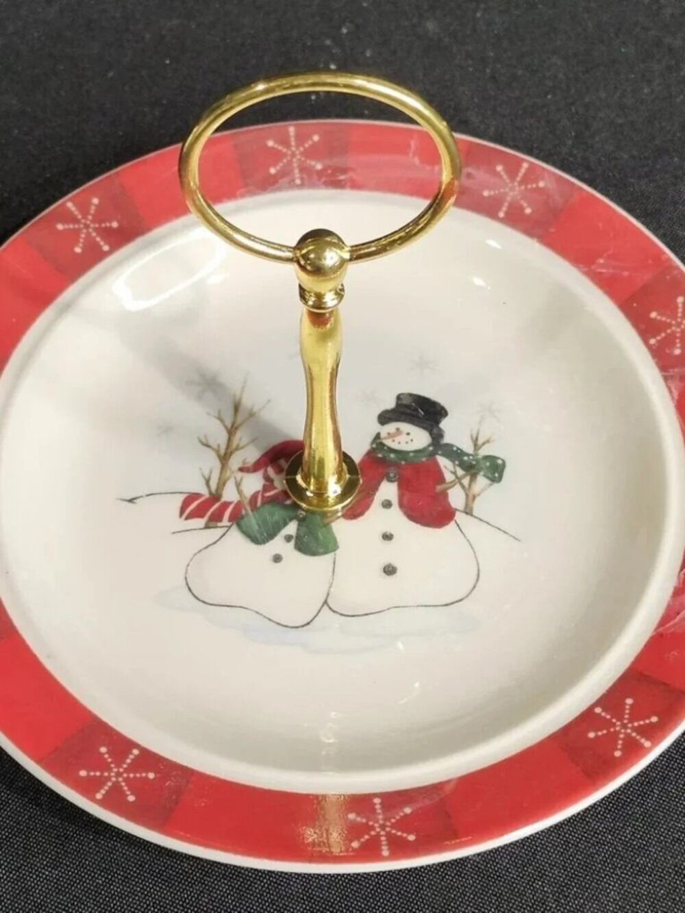 Upcycled Vintage Royal Seasons Snowman Dish Tray | Gold Handle 6.5"